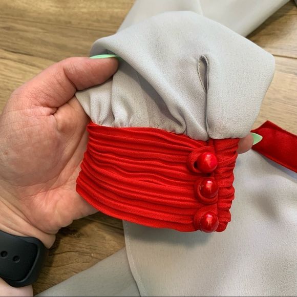 𝅺Vintage PC Sophisticate High Neck Peplum Skirt and Belt Red and Grey Size 7/8 - Picture 7 of 11